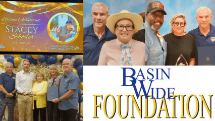 Photo montage shows Glen Harris standing alongside many of the honorees at the recent Basin Wide Foundation Awards.