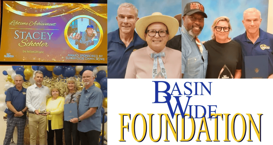 Photo montage shows Glen Harris standing alongside many of the honorees at the recent Basin Wide Foundation Awards.