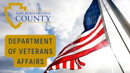 An American flag waves with the San Bernardino County logo in the upper left hand corner and the words DEPARTMENT OF VETERANS AFFAIRS below that.