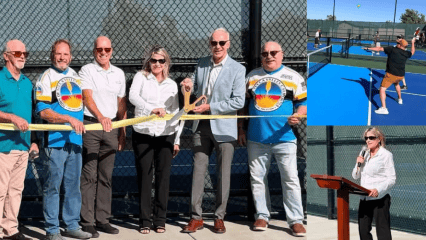 Montage shows Supervisor Rowe standing with the Yucca Valley Town Council, a guy playing pickleball, and Supervisor Rowe speaking while standing at a wooden podium
