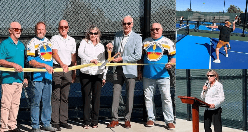Montage shows Supervisor Rowe standing with the Yucca Valley Town Council, a guy playing pickleball, and Supervisor Rowe speaking while standing at a wooden podium