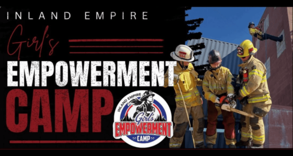 Promotional graphic for the Inland Empire Girls Empowerment Camp featuring firefighters in protective gear demonstrating equipment, including a chainsaw, and a participant rappelling down a building. Bold red and white lettering announces the camp against a black background, alongside the event’s official logo.