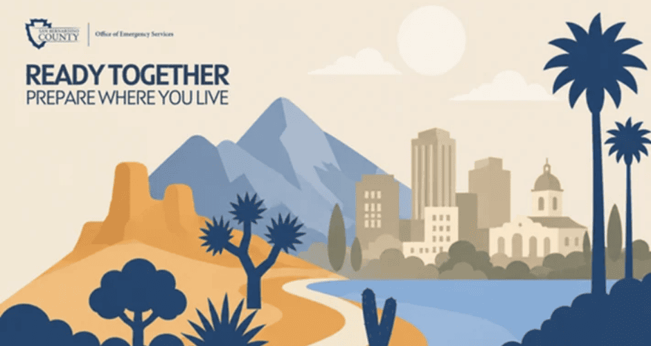 San Bernardino County Office of Emergency Services “Ready Together” preparedness graphic featuring the message “Prepare Where You Live.” Colorful illustrations depict the county’s diverse landscapes, including desert rock formations, Joshua trees, mountains, urban buildings, palm trees, and a lake, emphasizing emergency preparedness across all communities.